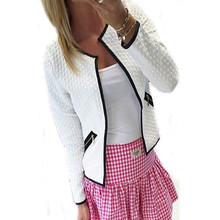 2016 Autumn New Women Short Coat Jacket Casual Long Sleeve Tartan Cardigan White Gray Zipper Pockets Slim Suit Outerwears Tops
