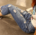 Navy blue woman denim full print xd Plus size clothing hole jeans for women loose Jeans