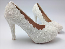 Women Fashion White Flowers Lace Platform High Heels Pearls Wedding Shoes