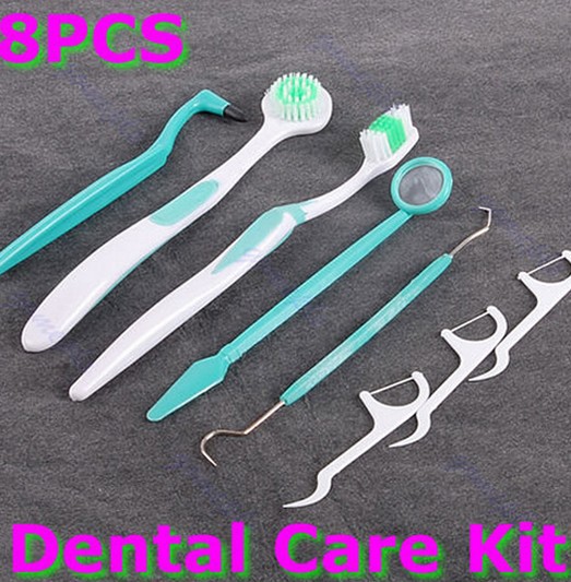 Wholesale 8 Piece Dental Care Tooth Brush Kit Floss Stain Tongue Picks Teeth Denti clean Drop Shipping
