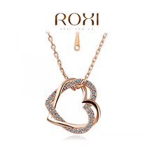 ROXI Brand Jewelry Double Heart Pendants Crystal Necklace Gold plated Silver Chain Contemporary Inlay Necklace Women