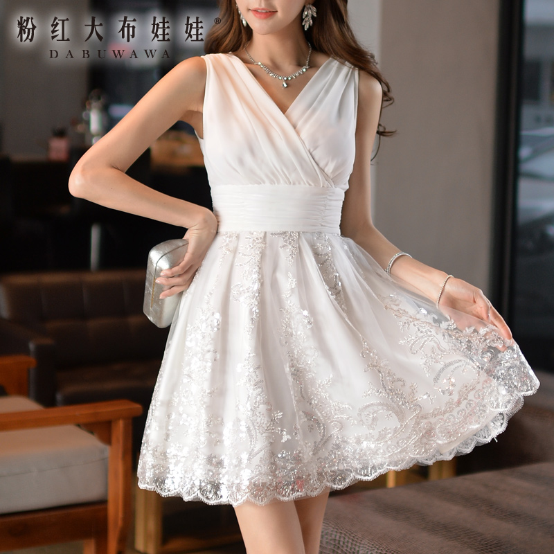 Summer dress pink doll new dress embroidered sequins large swing slim sleeveless dress female