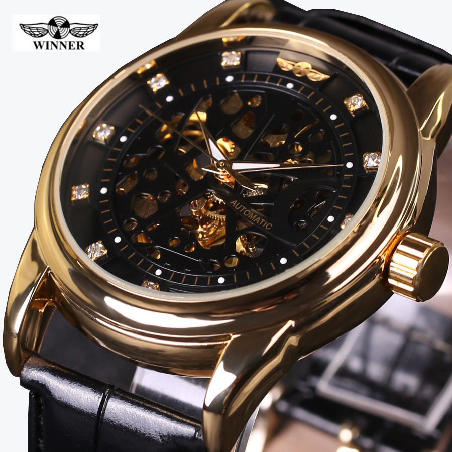 Winner Royal Diamond Design Black Gold Watch Mens Watches Top Brand Luxury Relogio Male Skeleton Mechanical Watch Montre Homme