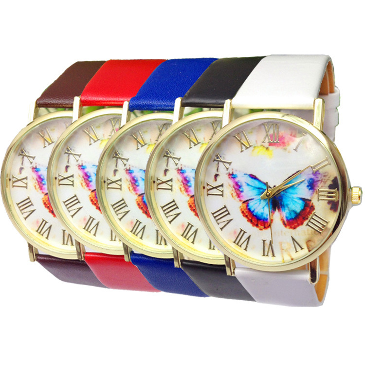 5 PCS/Set relogio feminino Luxury Vintage leather strap women watch g quartz wrist watch butterfly pattern analog display watch