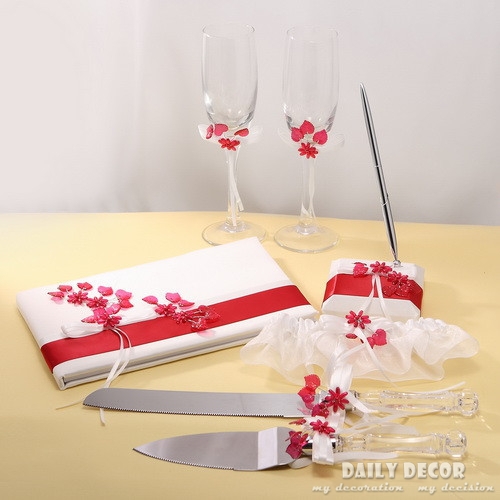 7pcs wedding party accessory set ( Guestbook + Pen + Wedding Flutes + Garter + Cake Servers / Wedding knife ) free shipping