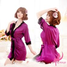 Sexy Satin Lace Long Sleeve Lingerie Dress Costume Baby Doll Fun Pajamas Free Shipping robe women