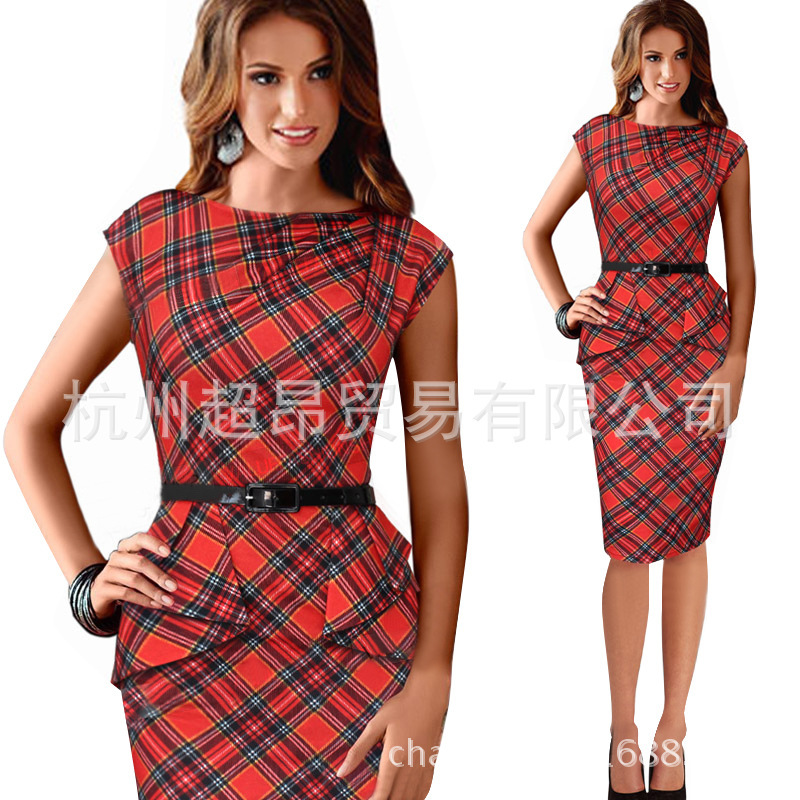 2015 New Women Vintage Elegant Belt font b Tartan b font Peplum Ruched Tunic Plaid Work