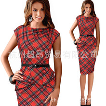 2015 New Women Vintage Elegant Belt Tartan Peplum Ruched Tunic Plaid Work Cocktail Party Cap Sleeve Bodycon Sheath Dress ZL3238