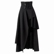 Free Shipping Tea-length Patched Black Cotton Gothic Lolita Punk Long Skirt Women Plus Size S ~ XXL High Waist Bandage Skirt