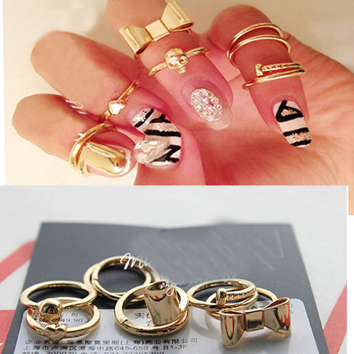 Punk Fashion Rings for Women 7Pcs set Heart Bowknot Skull Midi Mid Nail Finger Knuckle Ring
