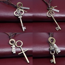 Fashion 2016 Handmade Key Shape Genuine Leather Necklaces Pendant Zinc Alloy Necklaces Trendy Adjustable Jewelry
