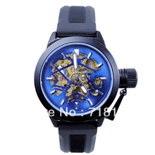 Mens Sport Automatic Mechanical Watch Wrist Watch Black Rubber Belt Blue Dial