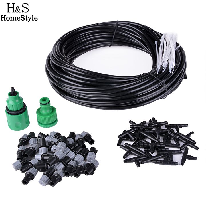 20m 66ft PE Hose Garden Patio Irrigation Misting Cooling System 30 Plastic Mist Nozzle Sprinklers Garden Tools Homestyle US02
