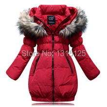 Free shipping 2014 new fashion clothing fur hooded zipper duck down kids winter jacket girls coats outwear for children