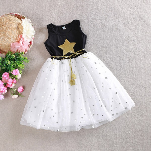 2015 Summer Children Kid Girls One Piece Dress Stars Sequins Tulle Bow Dress Tutu Dress Baby Dress