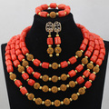 African 4 Layers Orange Coral Beads Add Gold Balls Jewelry Set Party Wedding Costume Jewelry Set
