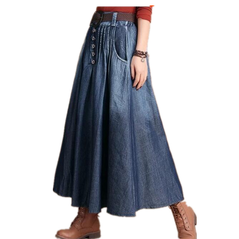 Denim 15 half-length full dress breasted pleated skirt denim skirt bust skirt all-match expansion skirt Big size Elastic waist