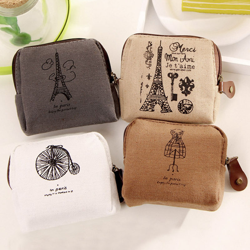 Unisex Ladies Retro Paris Cheapest Canvas Small Zip Change Coin Purse