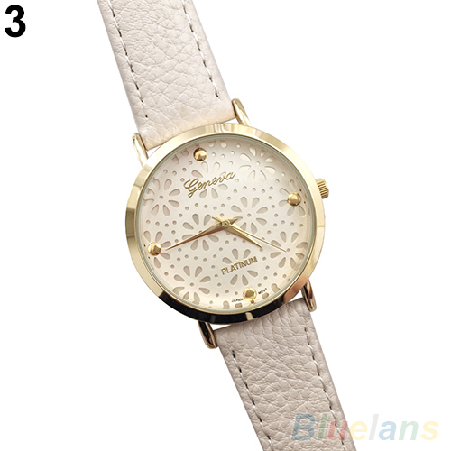Women s Geneva Faux Leather Band Elegant Flower Casual Analog Quartz Wrist Watch 6LA1