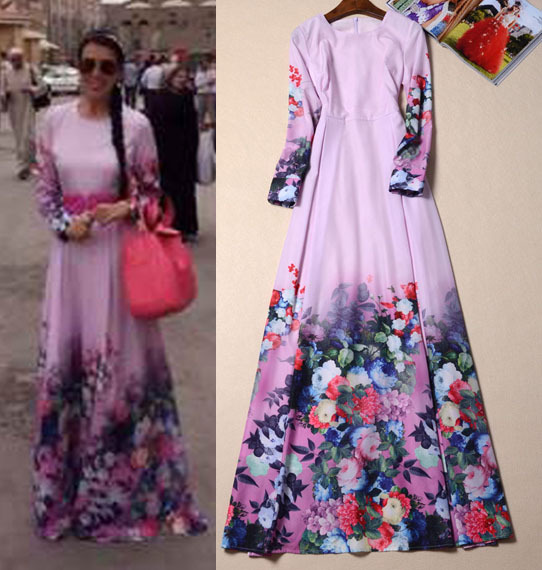 Top Quality Spring 2015 Elegant Long Sleeve Purple Printed Floor-length Long Dress Maxi Dress 150608WG02