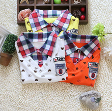 2015 spring autumn baby boy long sleeve t shirts Little bear cartoon plaid lapel cotton boy