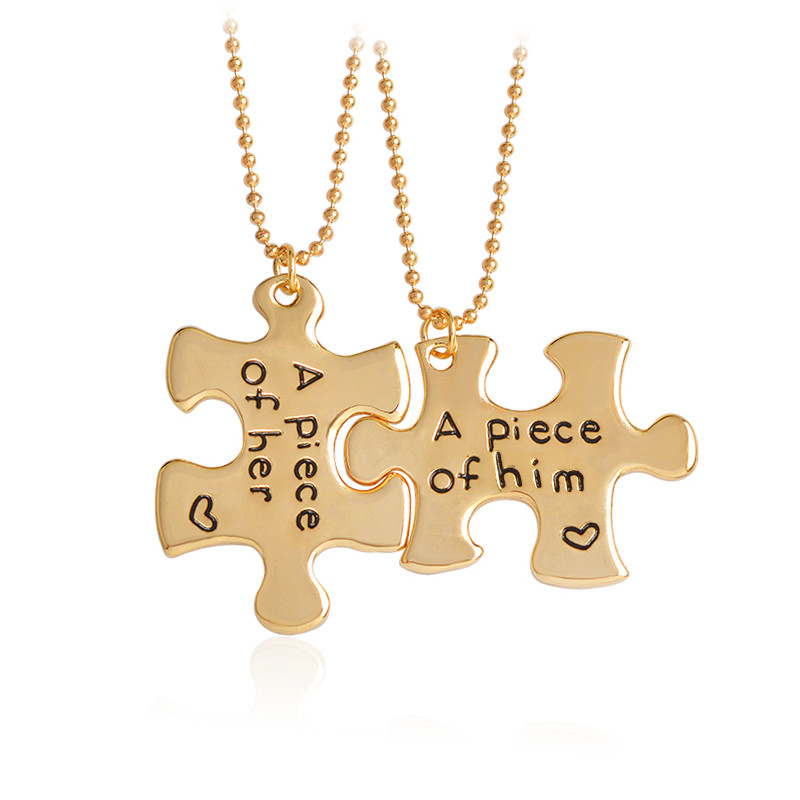 "A piece of her, A piece of him" Puzzle Couple Necklace Gold