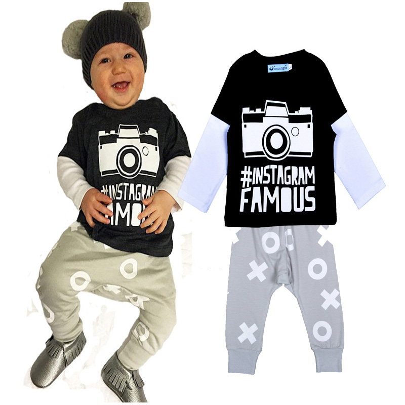 New 2016 Bobo Choses boy clothing set camera Pattern T shirt + pant cross baby girl clothes Long sleeve boys 2pcs set wholesale