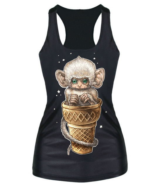 Женщины симпатичные черный милые обезьяны сидит в мороженое печать футболки Cami Camiseta Debardeur роковой топы