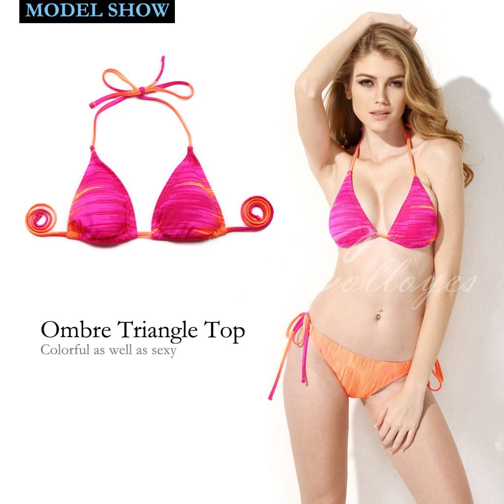 CA152001-092 2015 Colloyes Sexy Color Clash RoseOrange Ombre Triangle Top + Classic Cut Bottom Bikini Swimwear Fashion Triangl Bathing Suit (4)