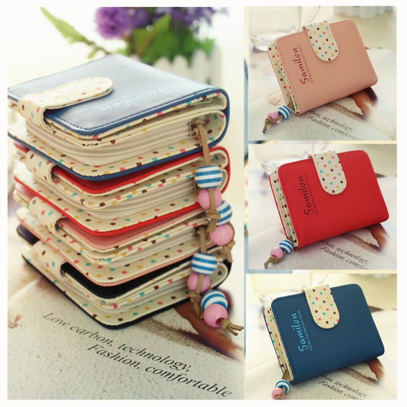 Fashion Candy Colors Purse Polka Dots Leather Zipper Wallet Multiple Cards Holder Wallet For Girls Women