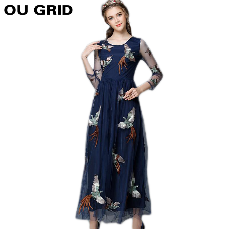 Women Autumn Dress 2015 New Fashion Bird Embroidery Maxi Long Dress Patchwork Mesh Long Sleeve O-neck slim Dress Large Size