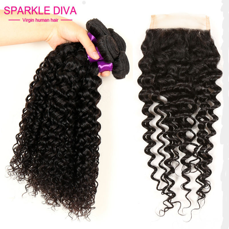 Peruvian Kinky Curly Virgin Hair With Closure  3 Bundles With Closure Peruvian Curly Hair Cheap Human Hair With Closure Piece