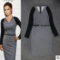 2015 new style fashion elegant victoria beckham dress long sleeve V Neck patchwork women dress XQ1015