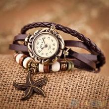 Woman Girl Vintage Leather Bracelet Starfish Decoration Quartz Wrist Watch 2BS7