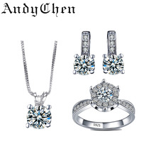 AndyChen Bridal Jewelry Sets for Women Silver Plated Earrings,Pendants Necklace&Wedding Ring Crystal Bijoux Femme AJS008