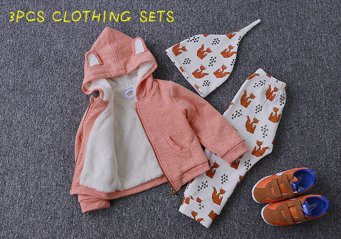 2015  winter kids christmas costume kikikids fox cartoon clothing sets baby boy clothing girl clothing sets thick coat outwears