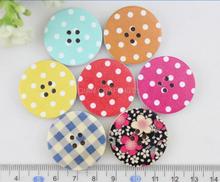 set of 50pcs big 30mm polka dots chequer floral kawaii cute Round wooden buttons 4 holes Pendants for DIY sewing-MK0200