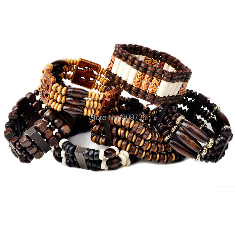 10pcs Wood Beads Charm Bracelet Elastic Women Bracelet Jewelry Adjustable Bangle Cuff Men Wholesale Mix Lot