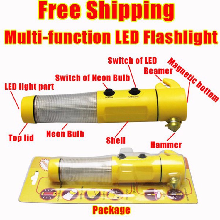 Free-Shipping-Multifunctional-Flashlight-Four-In-One-Car-Must-Have-Flashing-Warning-Lamp-Safety-Hammer-For