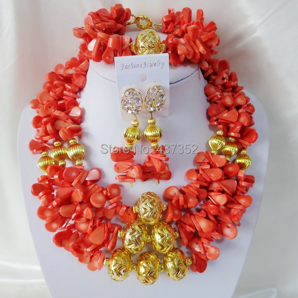 Handmade Nigerian African Wedding Beads Jewelry Set , Pink Coral Beads Necklace Bracelet Earrings Set CWS-347