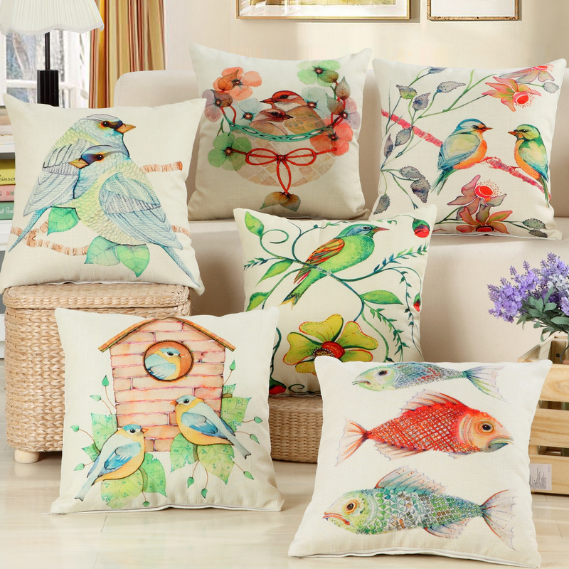 Fashion Fish Bird Pattern Cushion 45CM Cotton Linen Pillows Home Wedding Decorative Waist Pillowcase Almofada Cojines SFN-LAZYZ