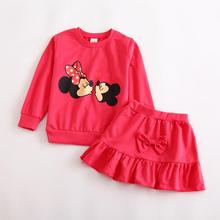 2015fall winter kids clothes minnie mickey kiss bow cotton full sleeve shirt+skirt2 pce girl clothing set roupas infantis menino