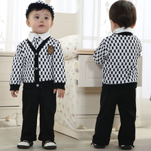 2016 new toddler boys blazer kids brand wedding prom suits single braested v-neck cotton plaid sets 4 pieces for baby boy