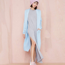 Sky Blue Split Hem Women Knitting Long Loose Cardigans Sweaters Coats Long Sleeves 2016 Winter Fashion