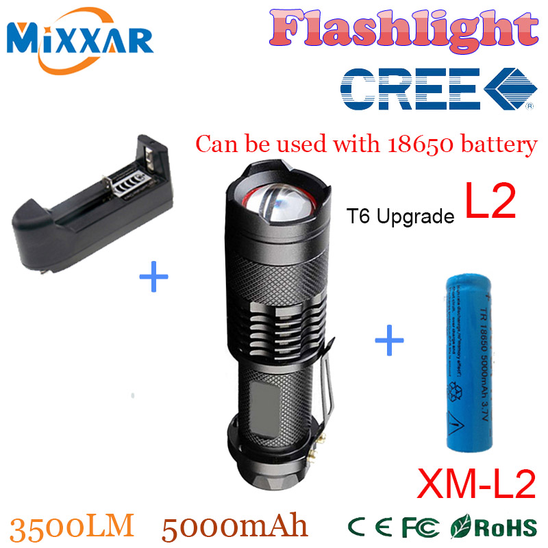 zk50 CREE XM-L2 3500LM led Flashlights 5-mode Zoomable led lanterna Waterproof Torch+one 18650 5000mAh Battery+Charger