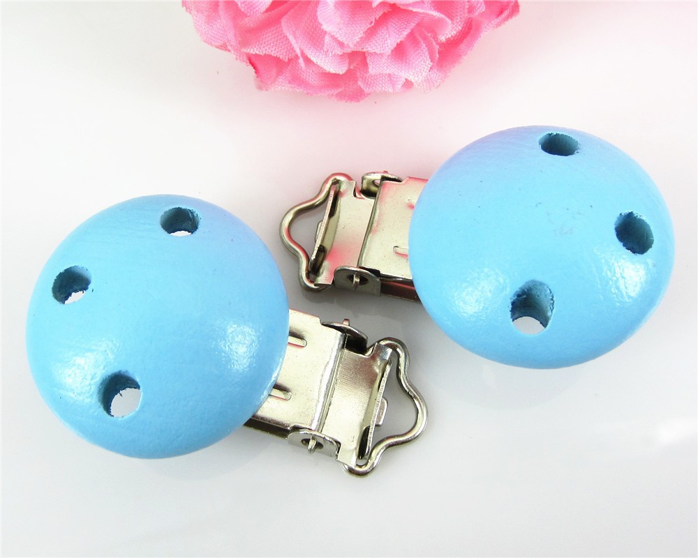 Free-shipping-6pcs-Wholesale-wooden-baby-pacifier-clips-round-blue-for-decorations-55mm-x-29mm