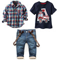 2016 Children s clothing sets for spring Baby boy suit Long sleeve plaid shirts car printing