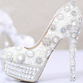 White Pearls Crystal Luxury Wedding Bridal Dress Shoes Closed Toe Prom Pumps Shoes Ultra High Heel