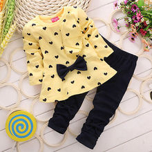 2015 Children Baby Girl Heart shaped Bow 2PCS Clothes Set Suit Top Sweater Pants