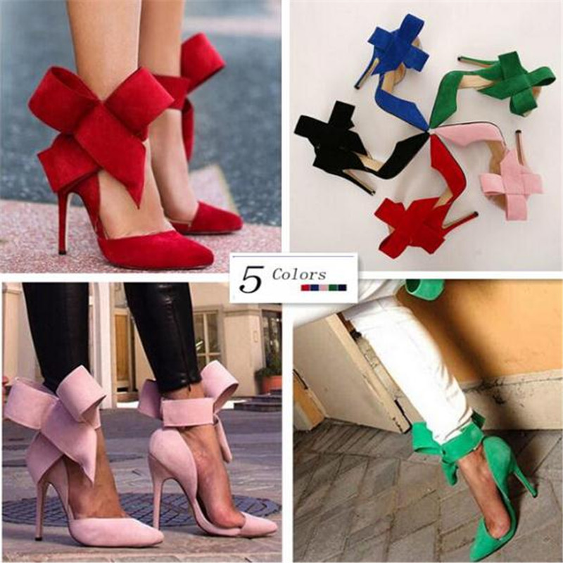2015 Lady Evening Spring Royal Footwear Red Black Big Bow Tie Pumps Pointed Plus Size Summer High Heel Shoes 298
